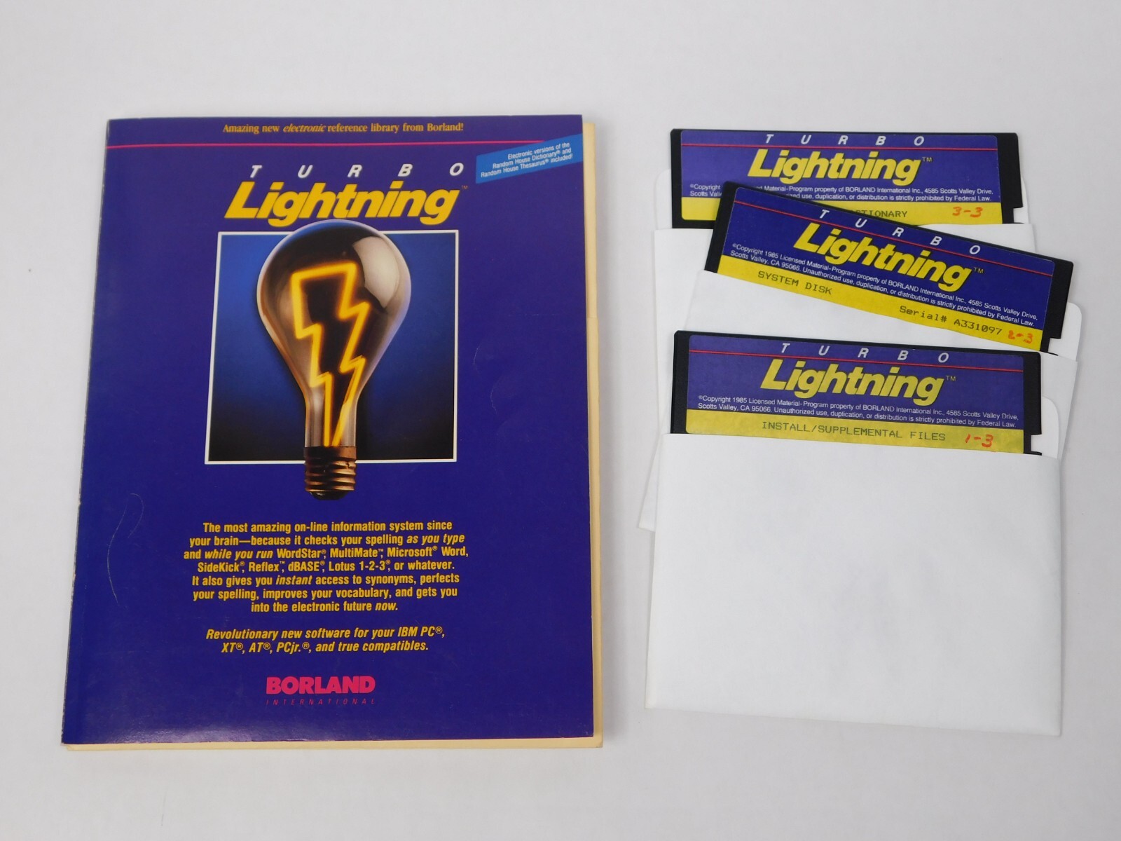 Turbo Lightning Borland SPELL CHECK & THESAURUS 5.25" Disks IBM PC XT AT PC jr