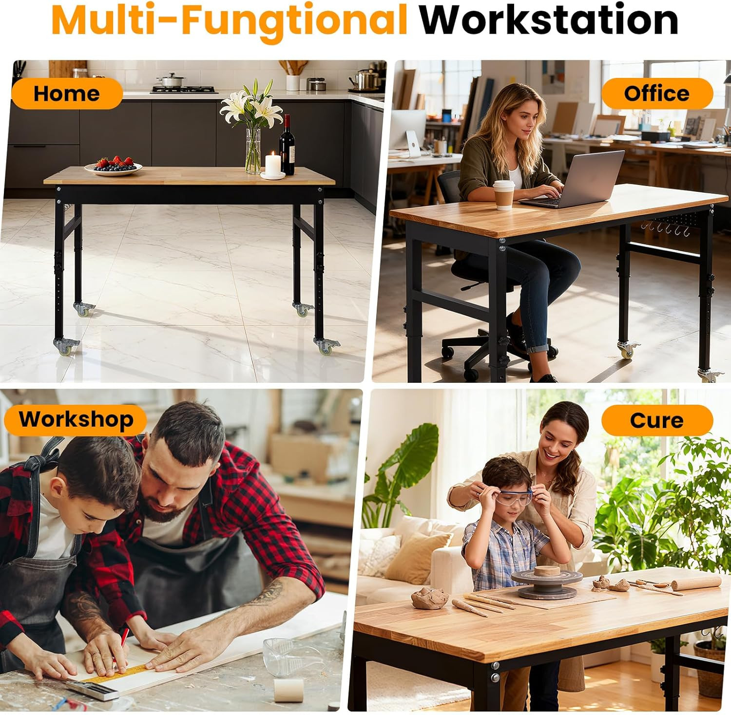 48" Adjustable Workbench, 8-Level Height Adjustable Rolling Work Table with Cast