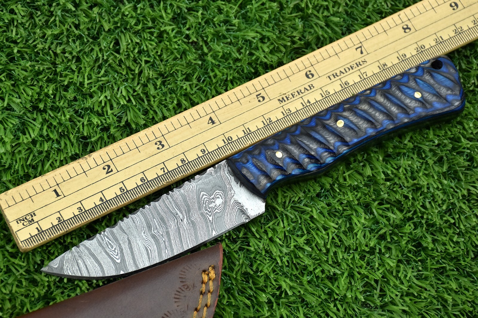 Damascus steel forged handle scale skinning knife with Leather sheath -2889