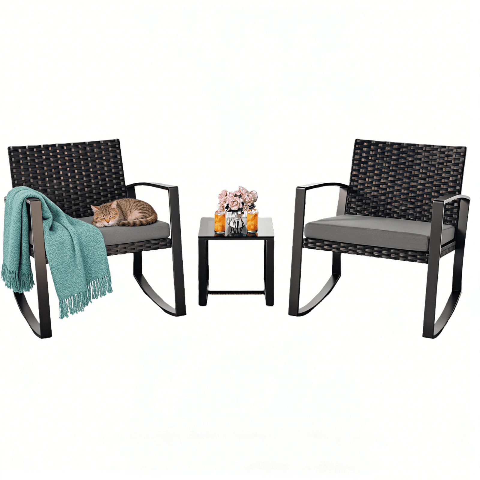 3 Pieces Outdoor Furniture Set with Rocking Chairs and Glass Table Gray Cushion