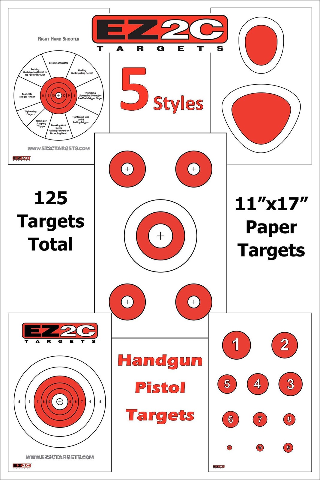 125 EZ2C Targets Favorites 5 Handgun Styles Paper Targets Bundle 11"x17" USA Mad