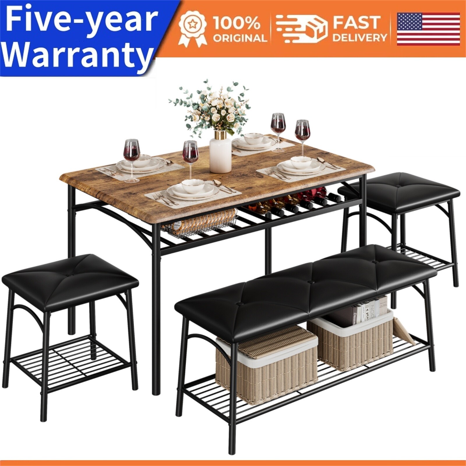 Dining Table with Bench and 2 Square Stools Dining Table Set for 4 with Storage
