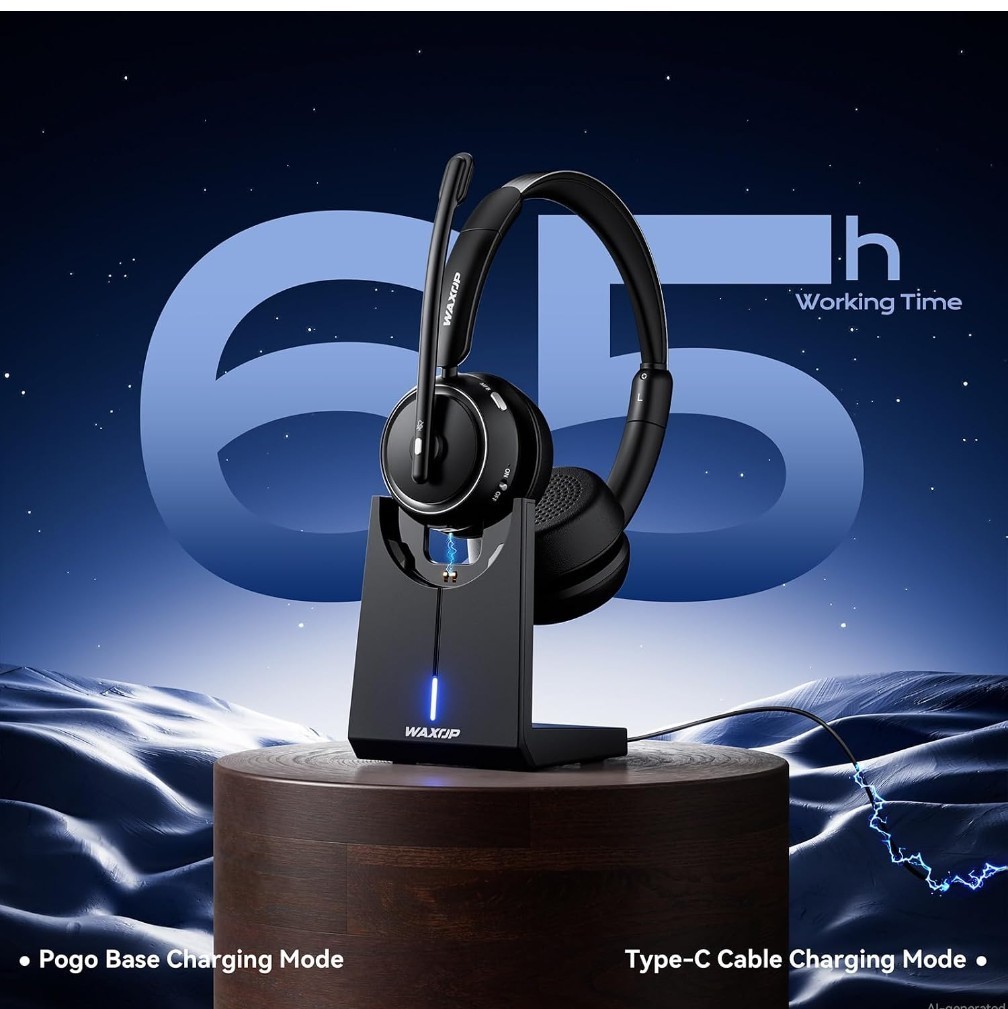 Waxop Wireless Headset For Work With Microphone And Noise Cancelling Black