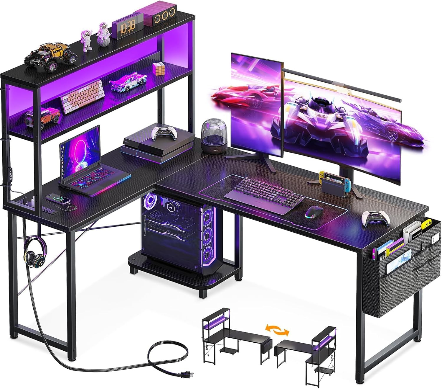 AODK L Shaped Desk Gaming Desk with LED Light & Power Outlet, 53 Inch Reversible