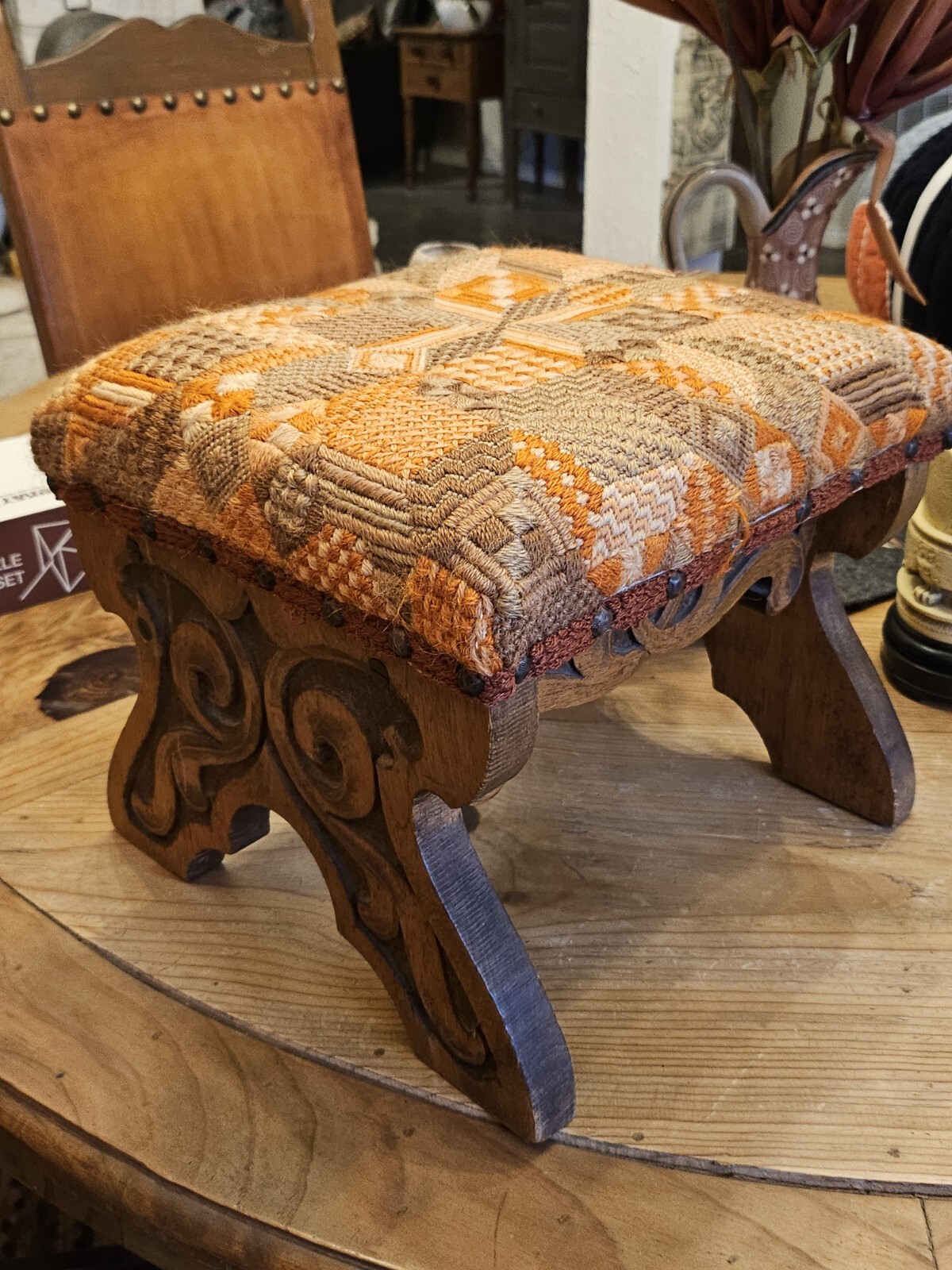 ANTIQUE VINTAGE DUTCH? Carved  WOOD FOOT STOOL 12" X 11" Folk Art Needlepoint