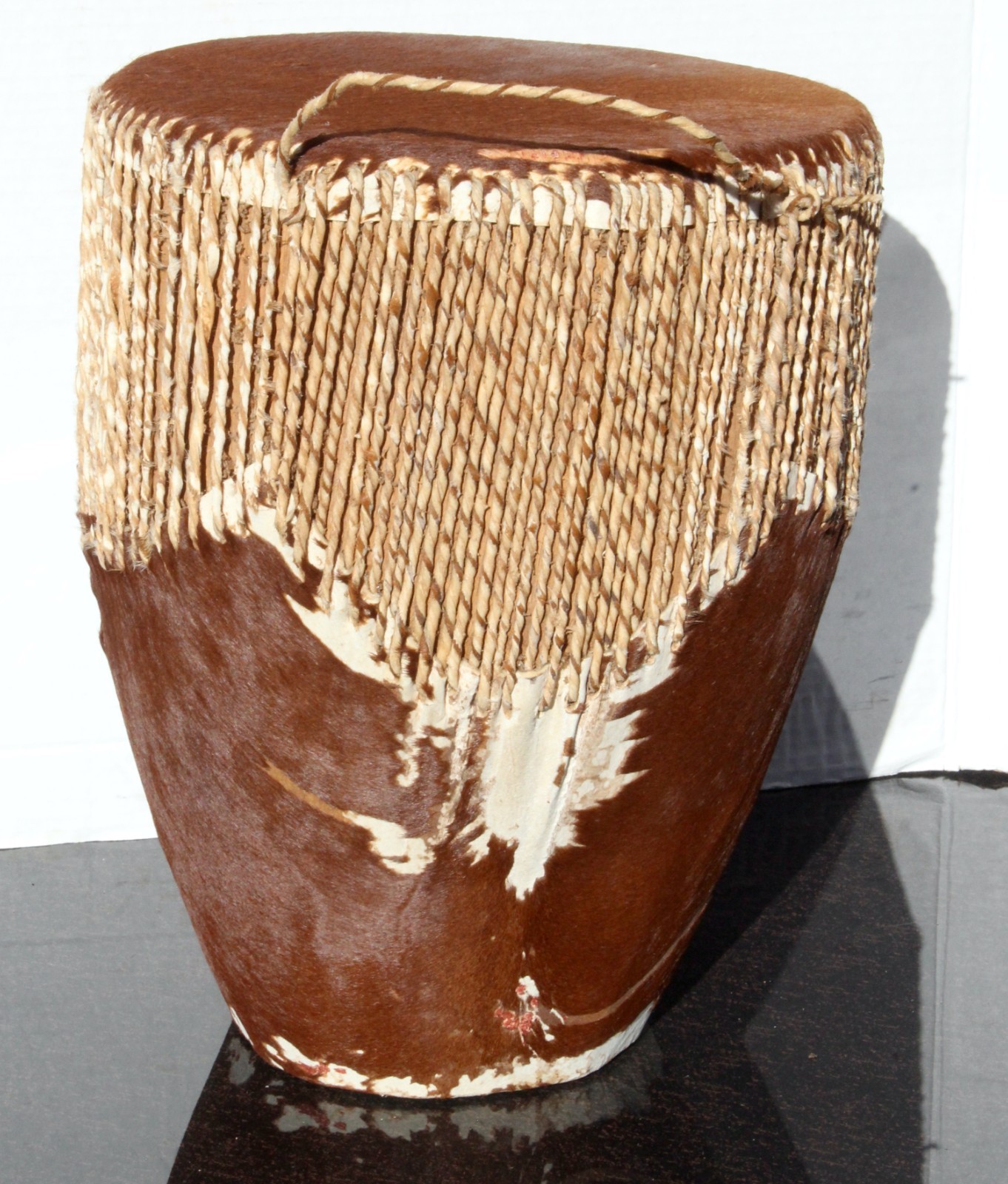 Vintage Uganda Embuutu Tribal Drum –Hair-On Hide – Exotic African Percussion Art
