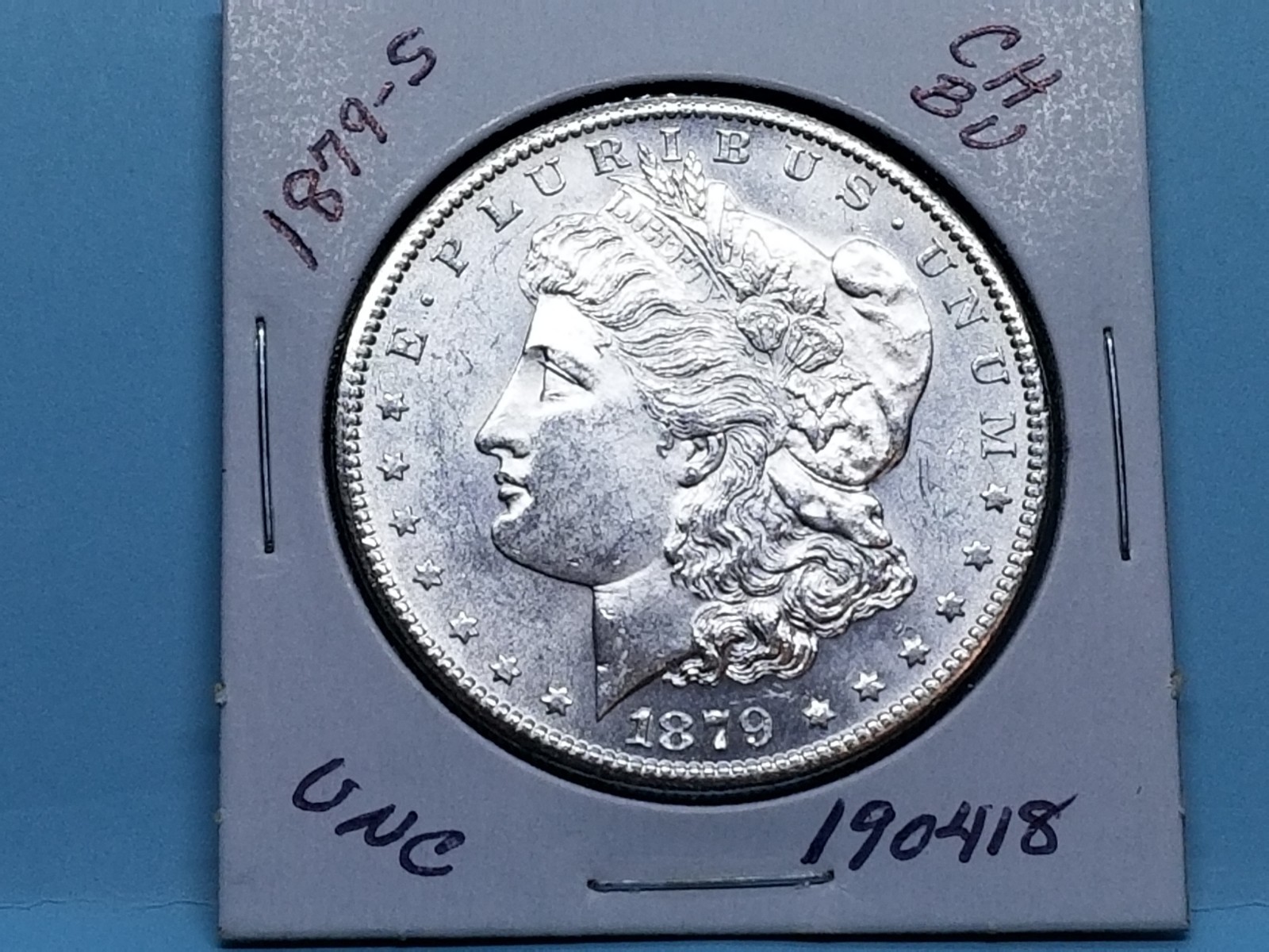 1879-S MORGAN SILVER DOLLAR CH BU MIRROR FIELDS BLAST WHITE #190418-54GG