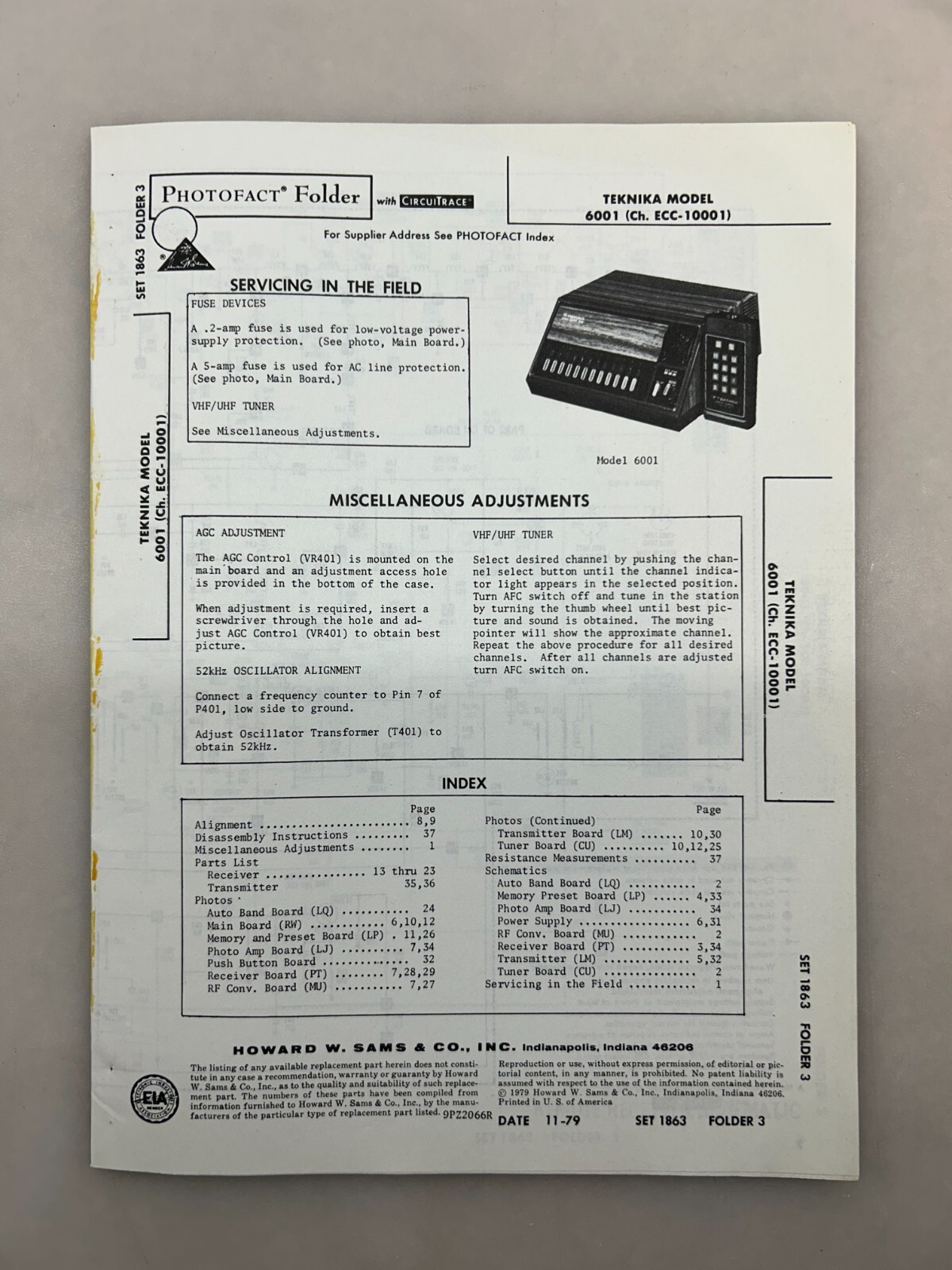 Teknika 6001 Service Manual Sams Photofact Free Shipping