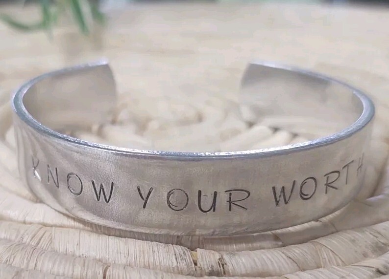 "KNOW YOUR WORTH" Hand Stamped Metal 6" Cuff Bracelet Adjustable Affirmation