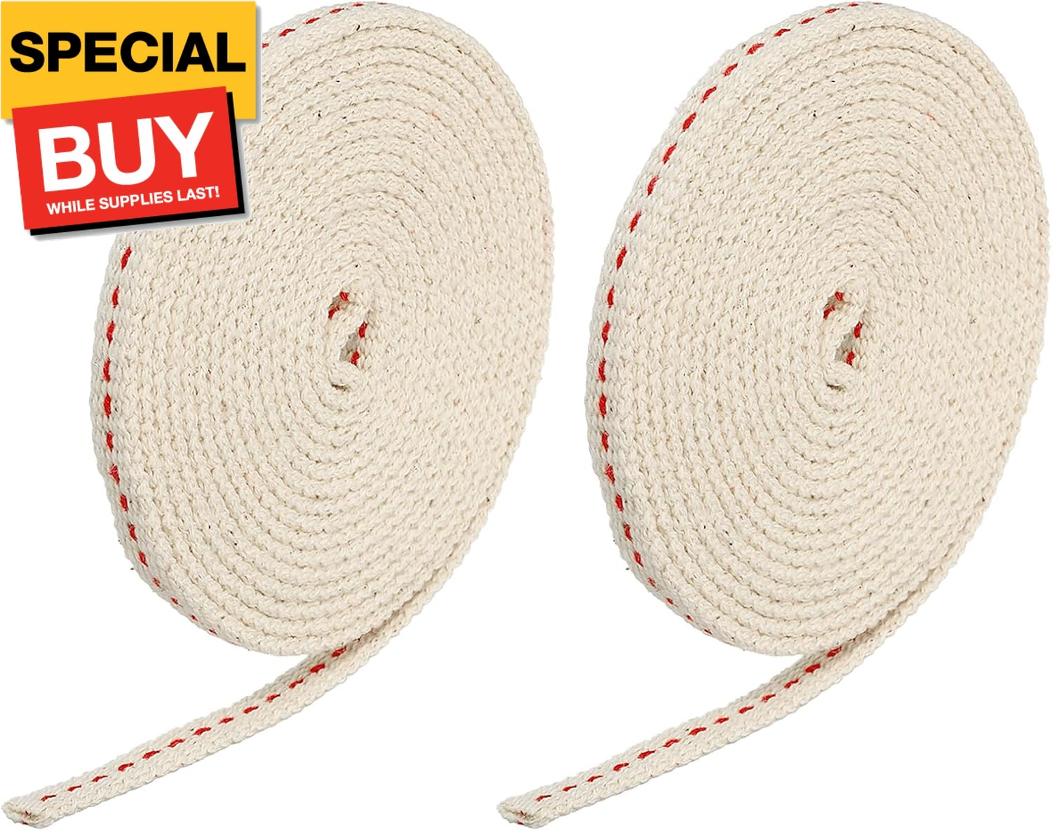 Oil Lamp Wick 0.24 Inch Flat Wide 6.5 Foot Cotton Lanterns Wick with Red Stitch