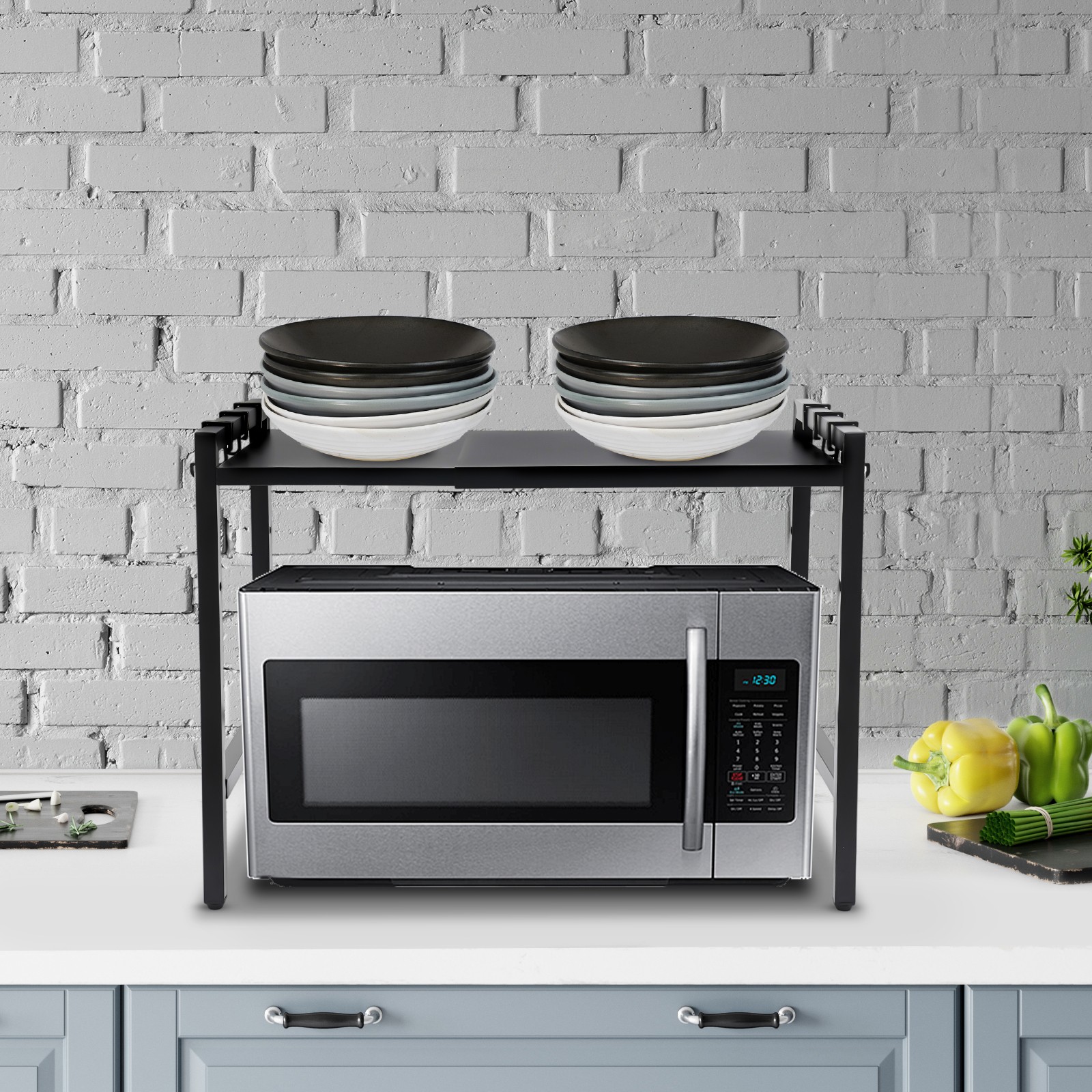 Adjustable Microwave Stand Black Oven Shelf Kitchen Countertop Organizer W/Hooks