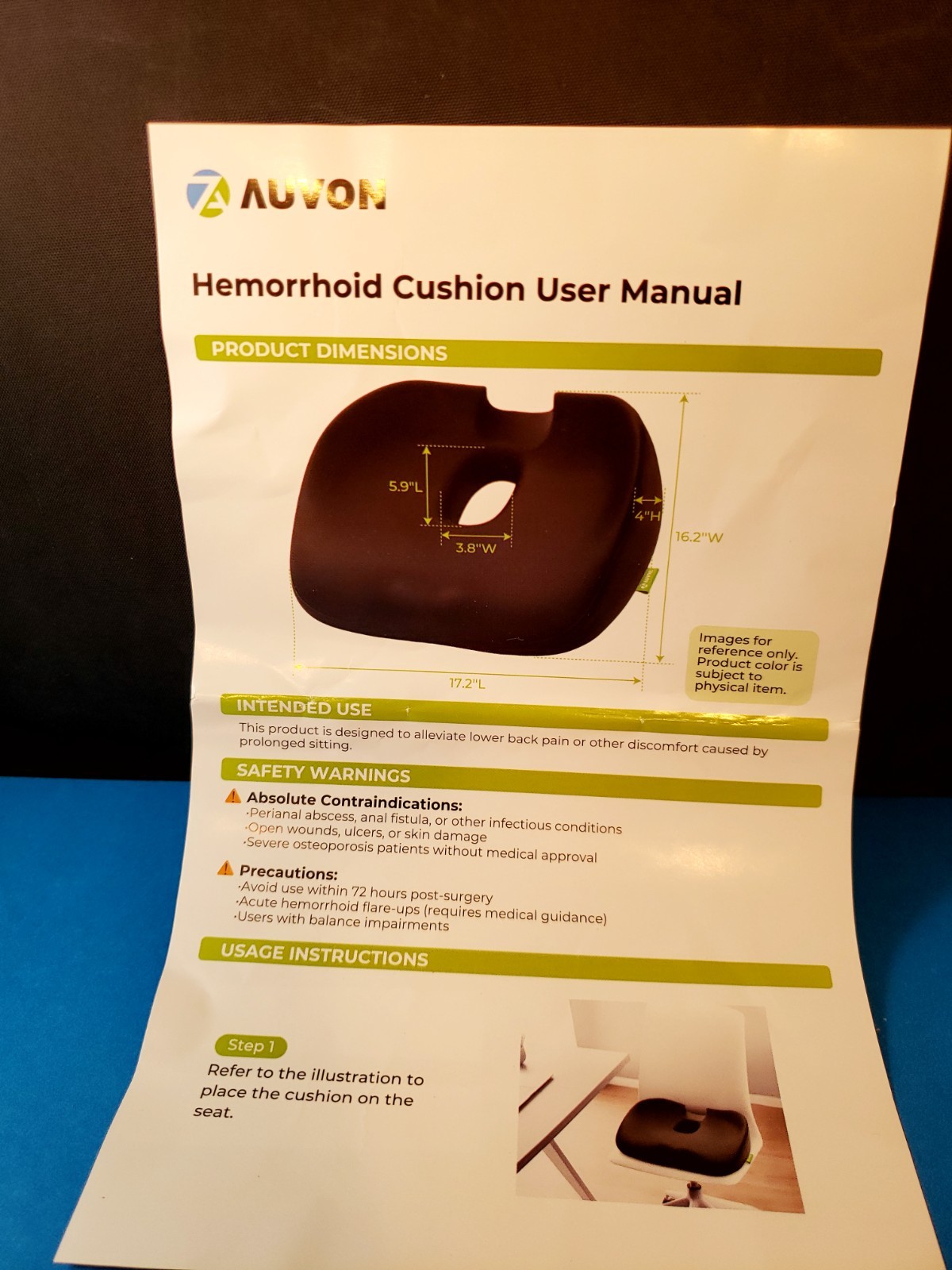 Auvon "HEMORRHOID CUSHION USER MANUAL" Instruction One Page Guide pain relief VG