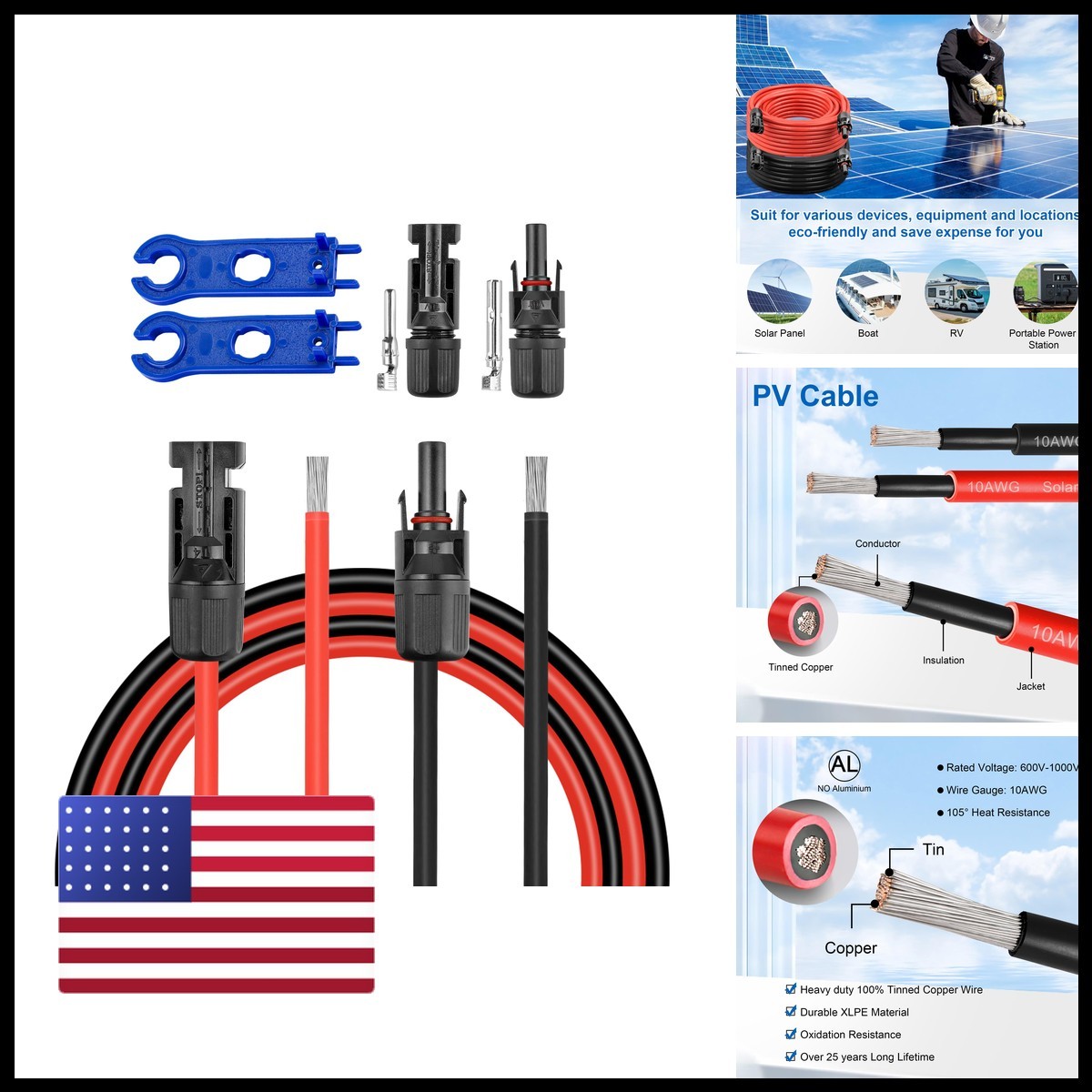 Kimbluth 100 FT 10AWG Solar Panel Extension Cable with Connectors for RV