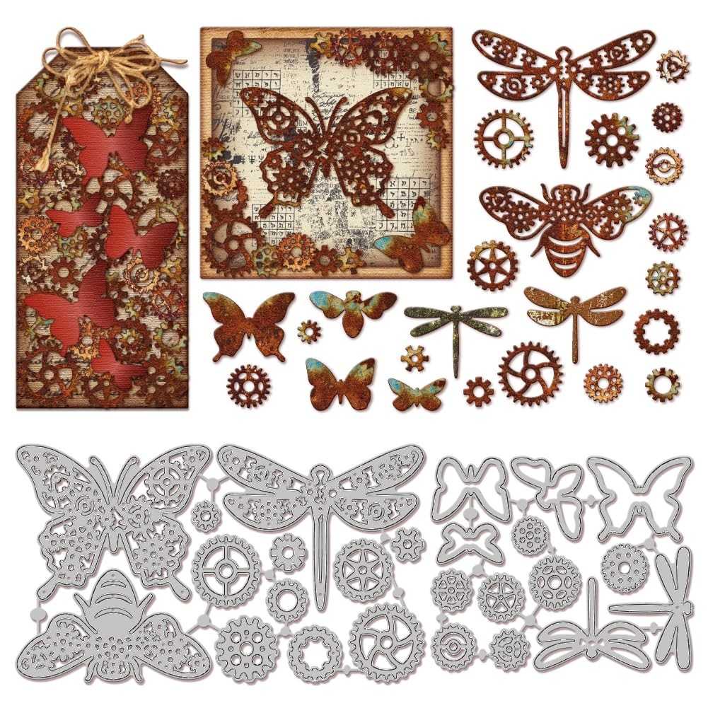 GLOBLELAND Steampunk Gear Insects Cutting Dies for Card 160x89mm/6.3x3.5inch