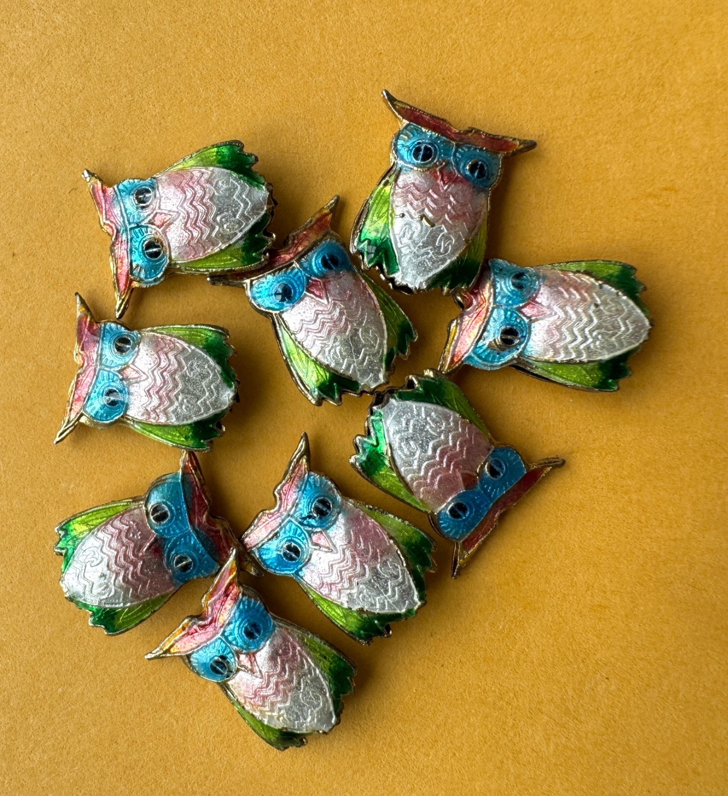 lot of 8 cloisonne beads, owl ~ green,  blue, peach and white, 16 x 14 x 3 mm