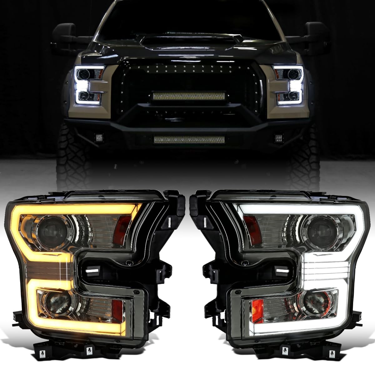 2015-2017 F150 Dual Projector Headlight LED DRL Switchback Sequential Turn Smoke