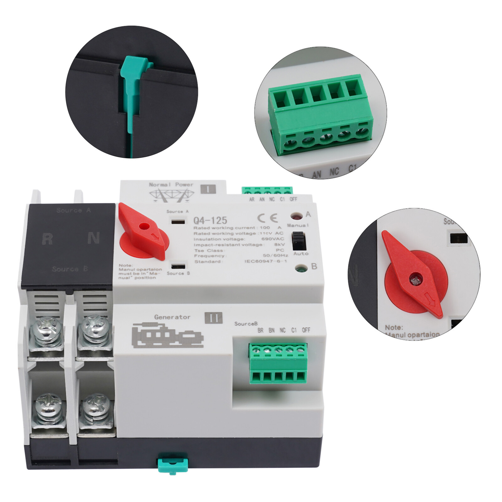 100A PC Level Dual Power Automatic Transfer Switch 2P Generator Changeover 110V