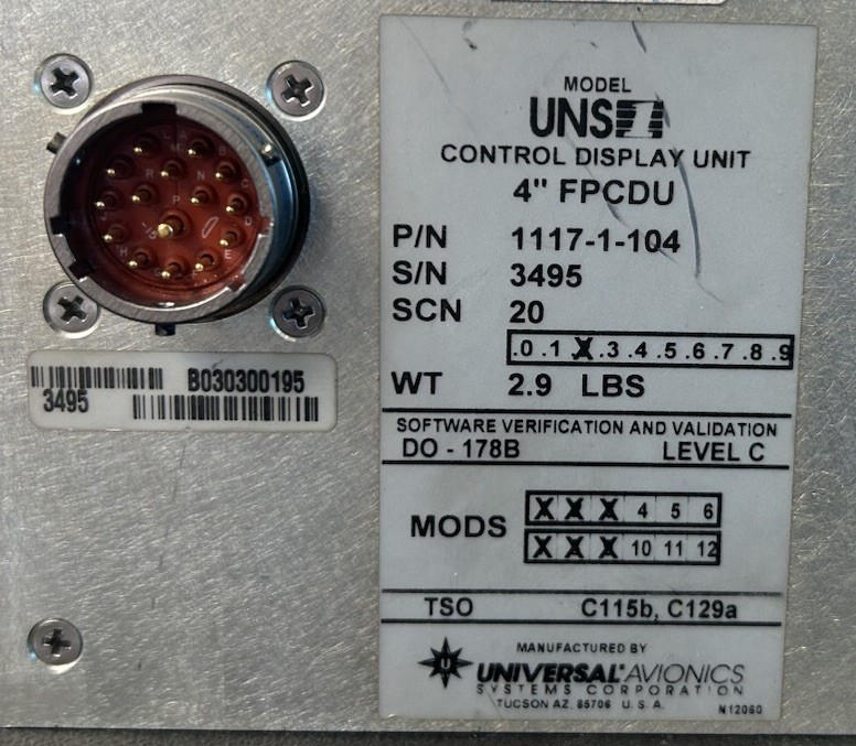Universal Avionics Control Display Unit UNS-1 - PN 1117-1-104 (As Removed)