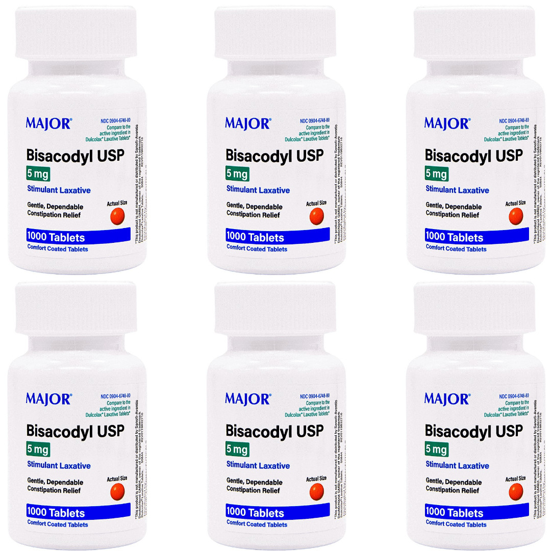 Major Bisacodyl 5 mg Laxative - 1000 Tablets | Dulcolax (11-2028) - 6 Pack
