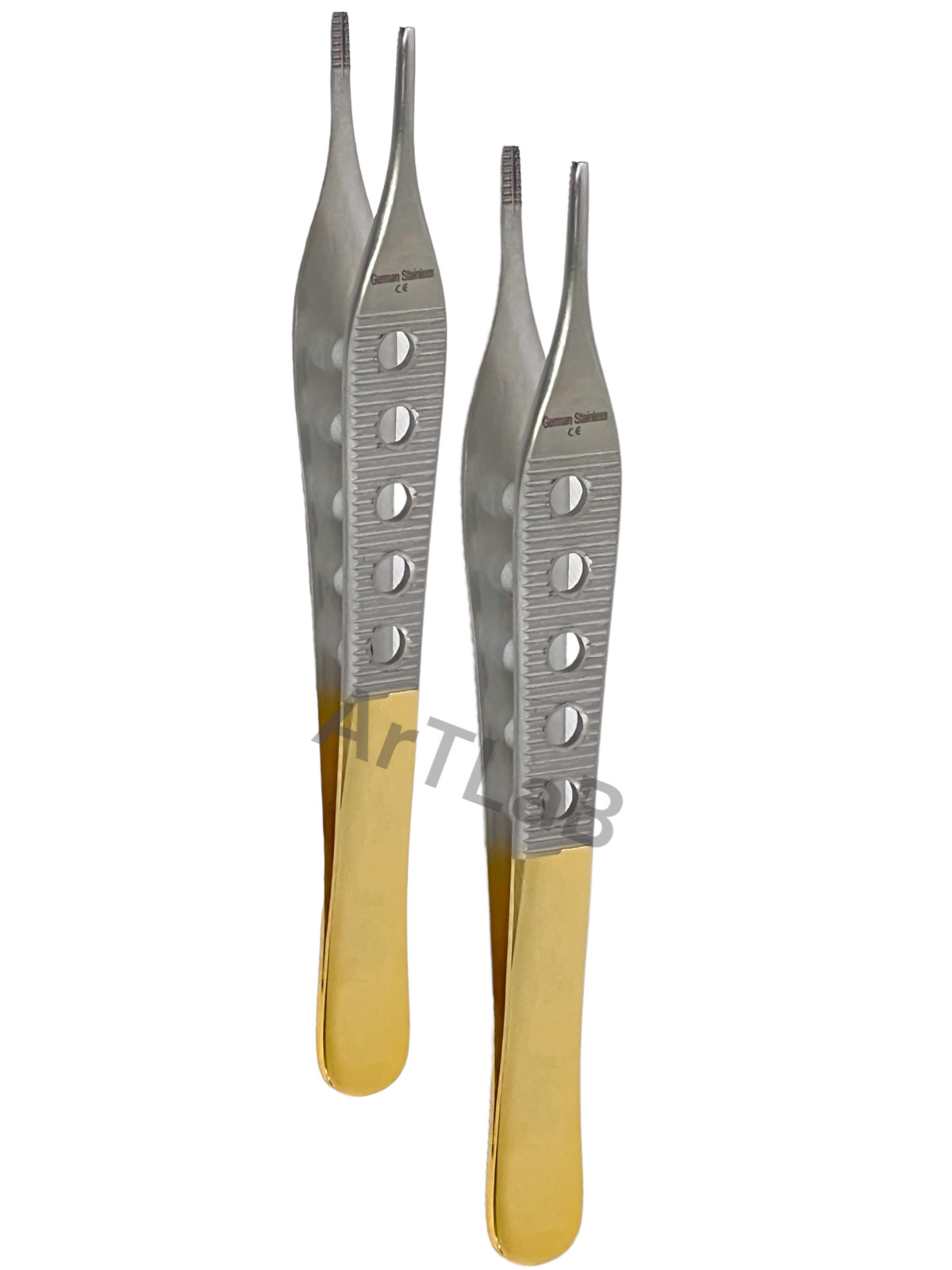 2 ADSON BROWN TISSUE PLASTIC SURGERY FORCEPS 4.75" 9X9T FENESTRATED GOLD HANDLE