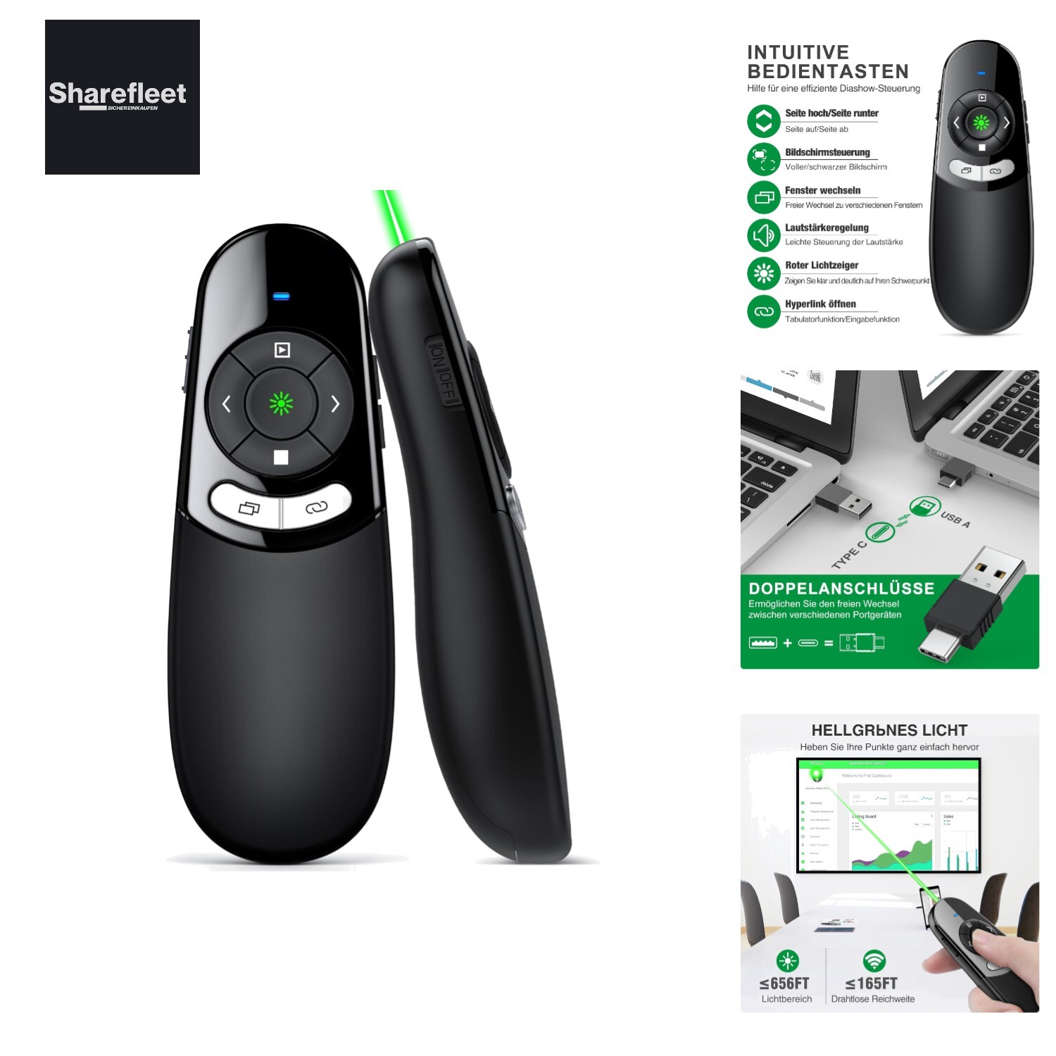 USB C Presenter, Wireless 2.4 GHz PowerPoint Remote Control, Green Light Point...