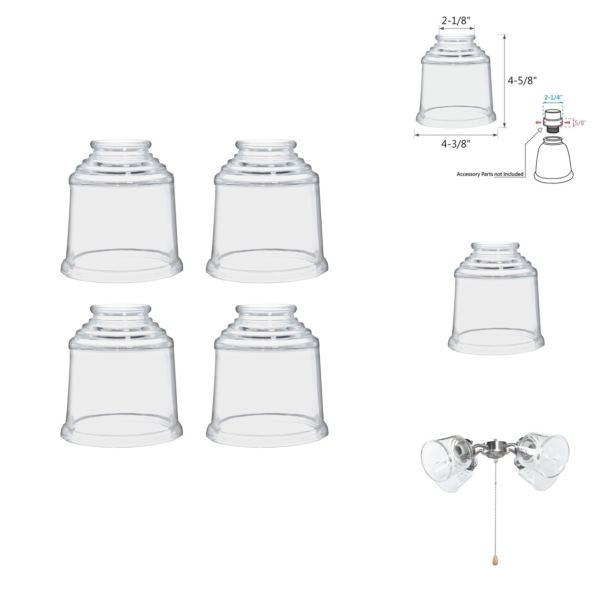 Aspen Creative 23176-60-4 Clear Glass Shade 2-1/4" Fitter 4-3/4"H x 4-3/8"D 4