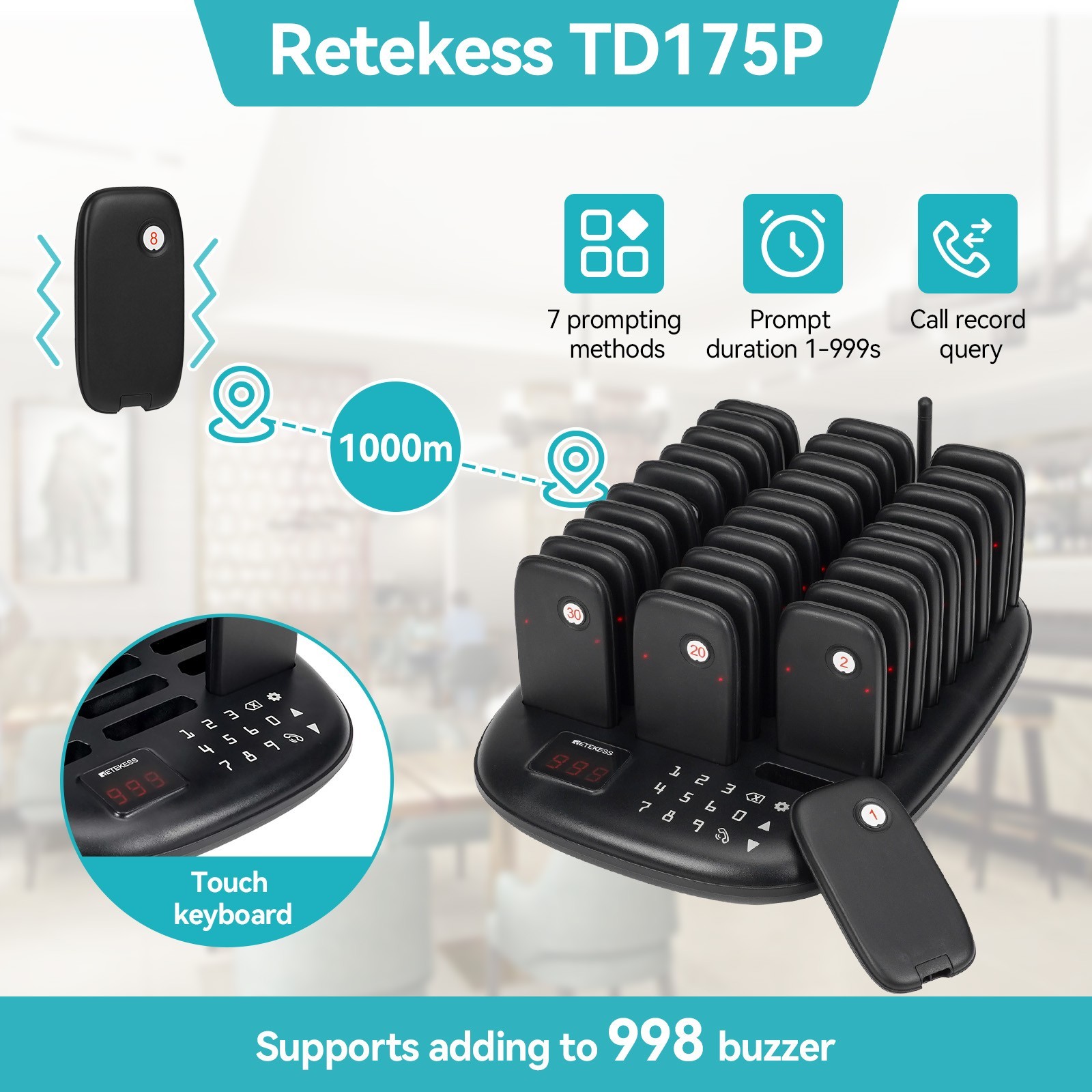 Retekess TD175P Restaurant Pager Calling Queuning System 30 Buzzers Food Truck