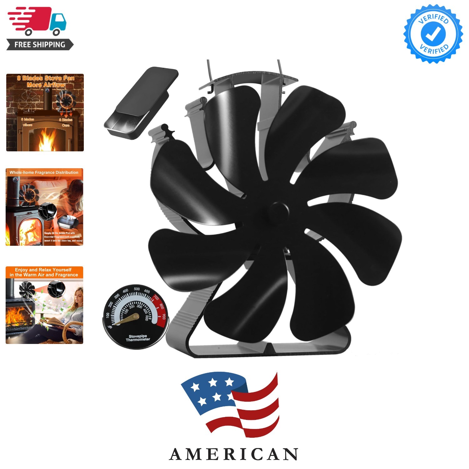 Wood Stove Fan Heat Powered Fireplace Fan Thermo Fan Non Electric with Thermo...