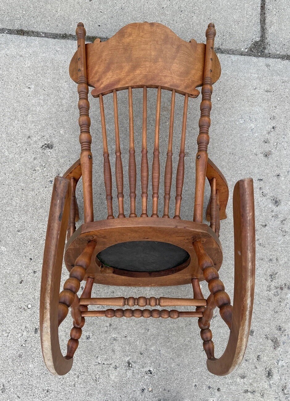 Vintage Victorian Rustic Maple Wood Spindle Back Needlepoint Seat Rocking Chair