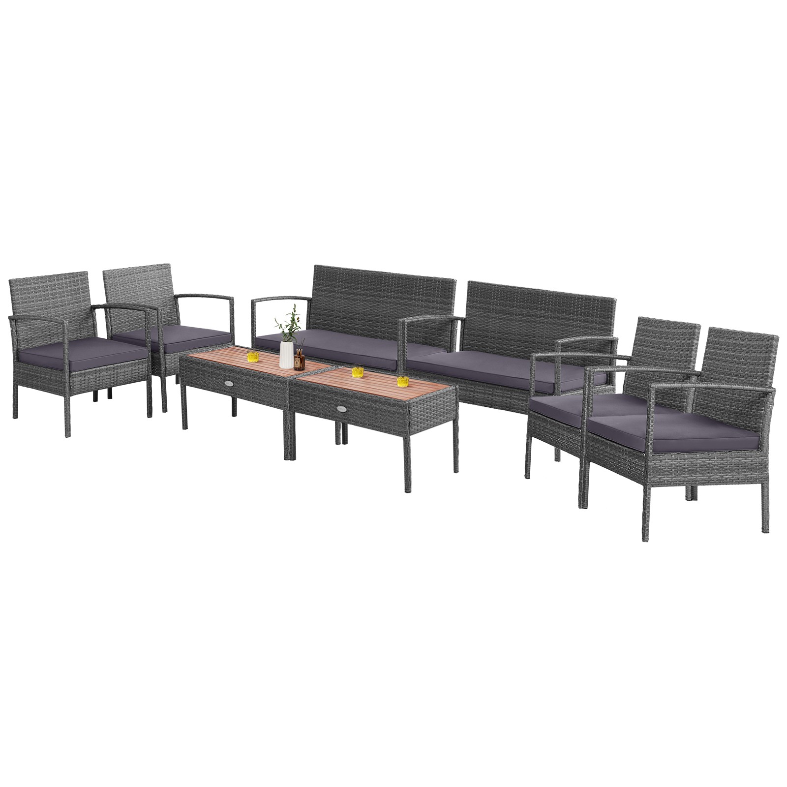 Costway 8PCS Patio Rattan Furniture Set Cushioned Chair Wooden Tabletop Gray