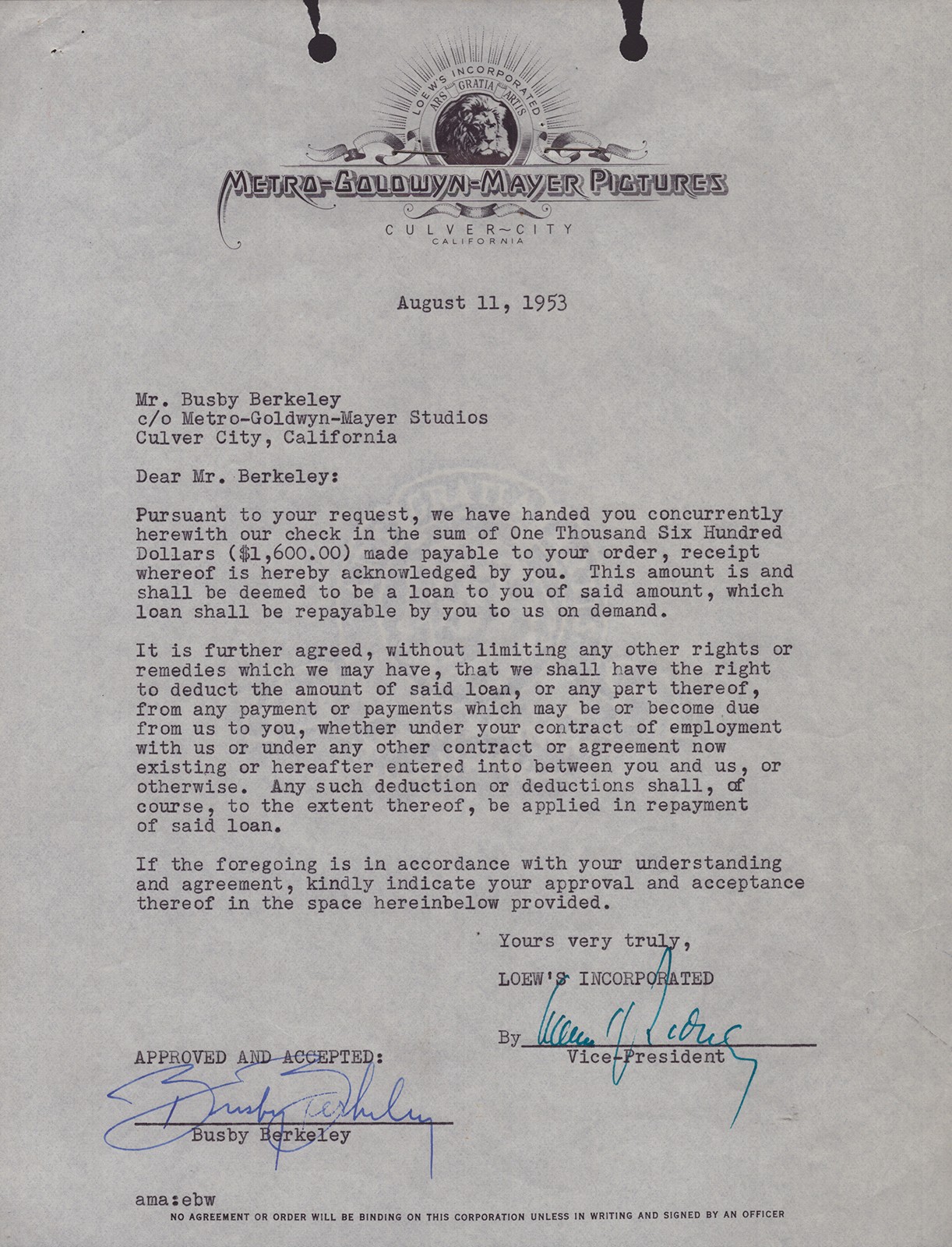 BUSBY BERKELEY - DOCUMENT SIGNED 08/11/1953