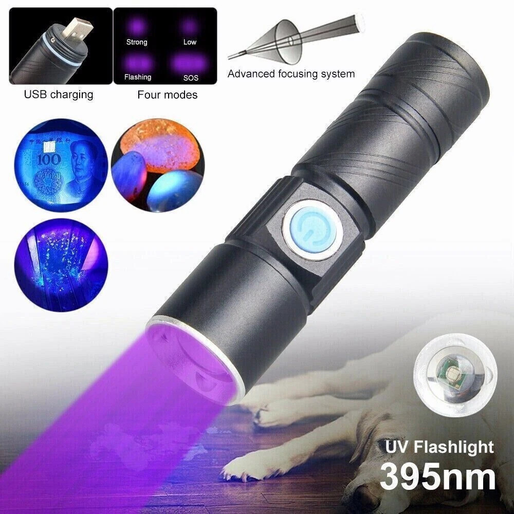 UV Rechargeable LED FlashligCW 395 nm Inspection Lamp Torch USB Blacklight Light