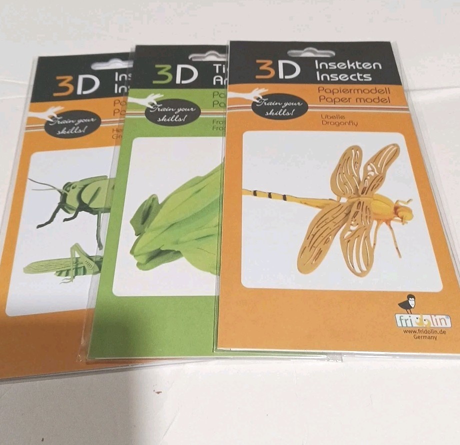 Lot Of 3 - New 3D Fridolin Paper Models Grasshopper Dragonfly Frog