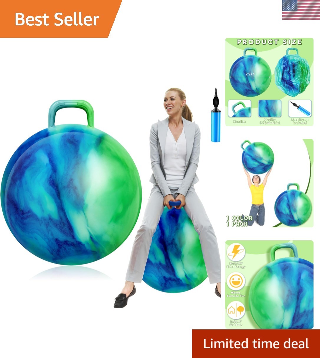 Lewtemi Hopper Ball for Adults, 20 Inch Bouncing Hippity with Handle Rubber Hop,