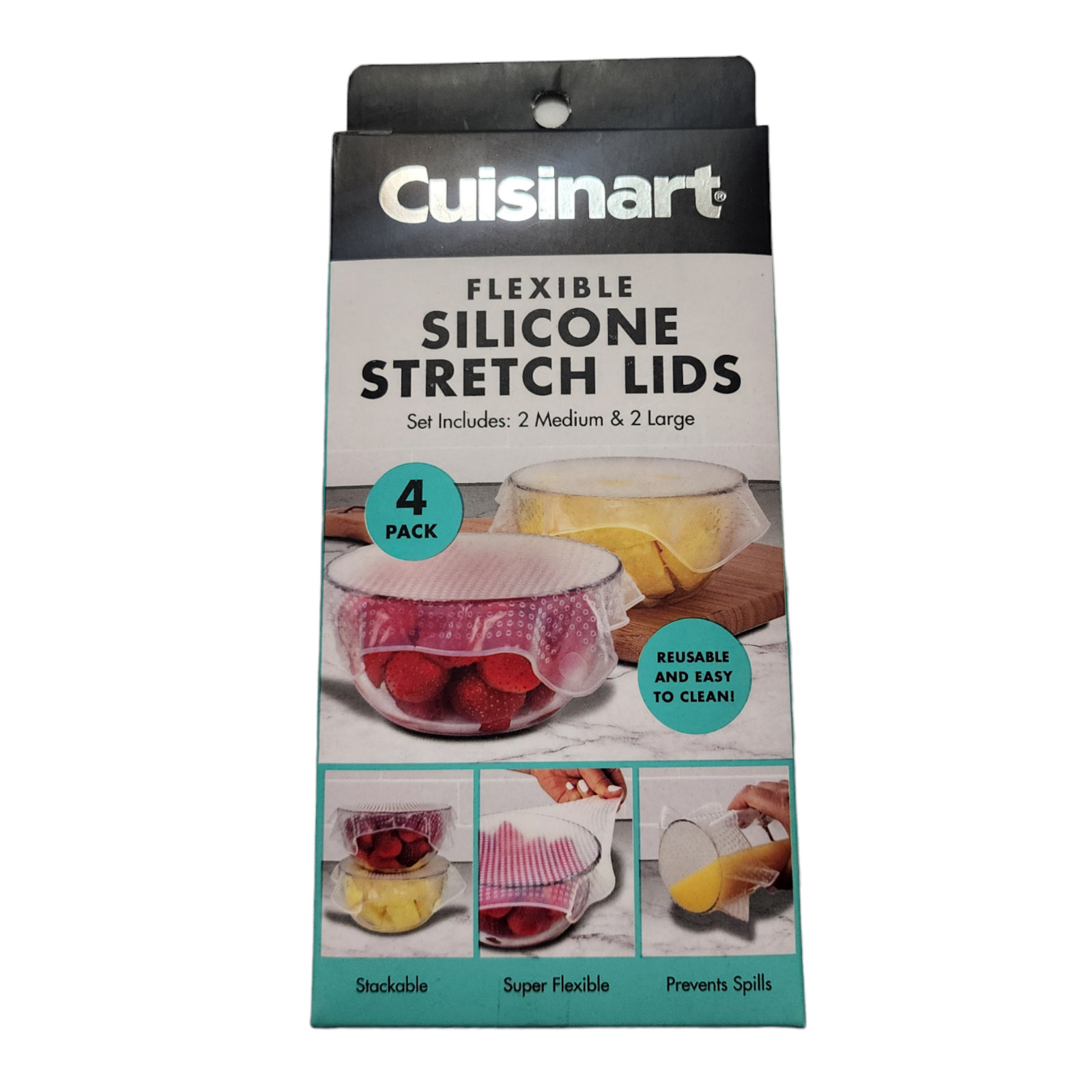 Cuisinart Flexible Silicone Stretch Lids Set: 2 Medium 2 Large Spill Proof