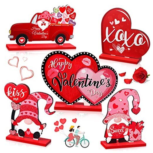 5 Pieces Valentine's Day Wooden Table Sign Decoration Freestanding Table Red
