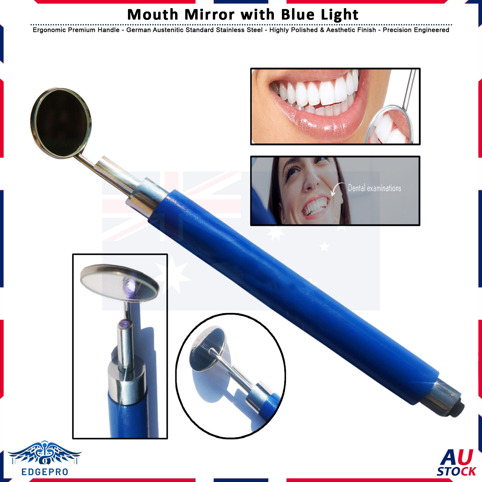Mirror with Light (Color Blue) Dental Instruments Stainless Removable New