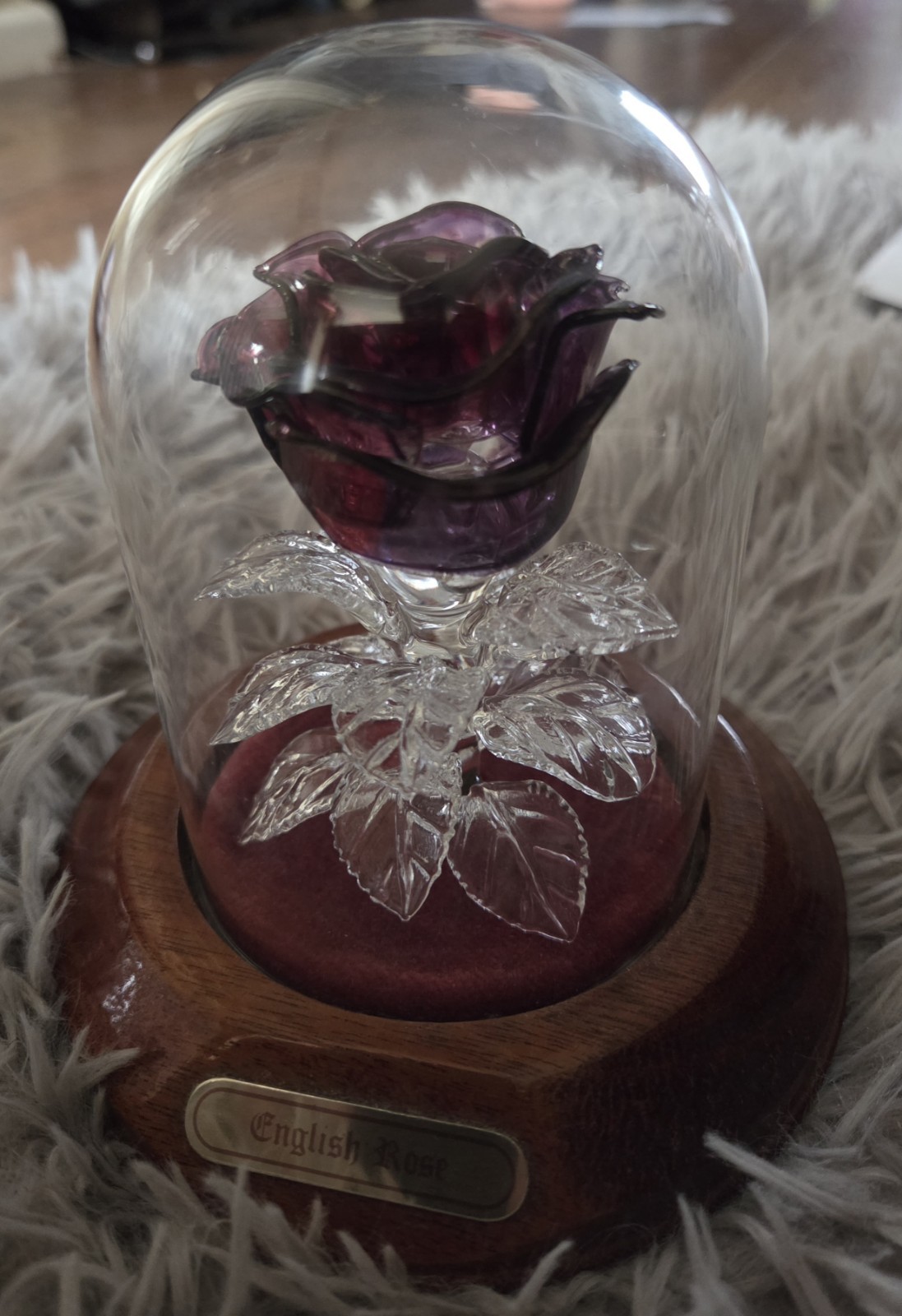 Vintage Glass English Rose On A Wooden Stand