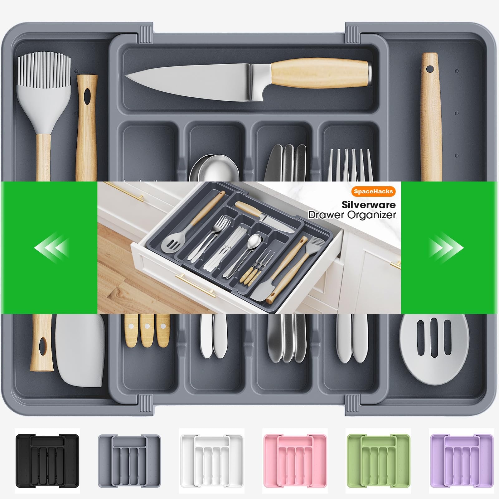SpaceHacks Silverware Organizer，Adjustable & Expandable Utensil Medium, Grey