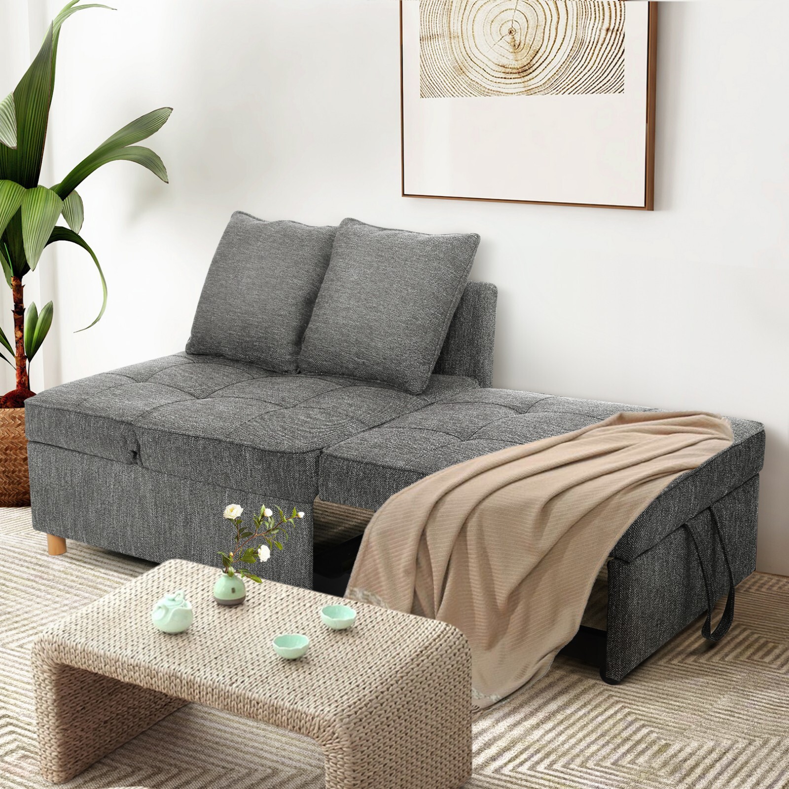 Folding Ottoman Sofa Bed Chair 4-in-1 Sleeper Sofa Adjustable Backrest+2 Pillows