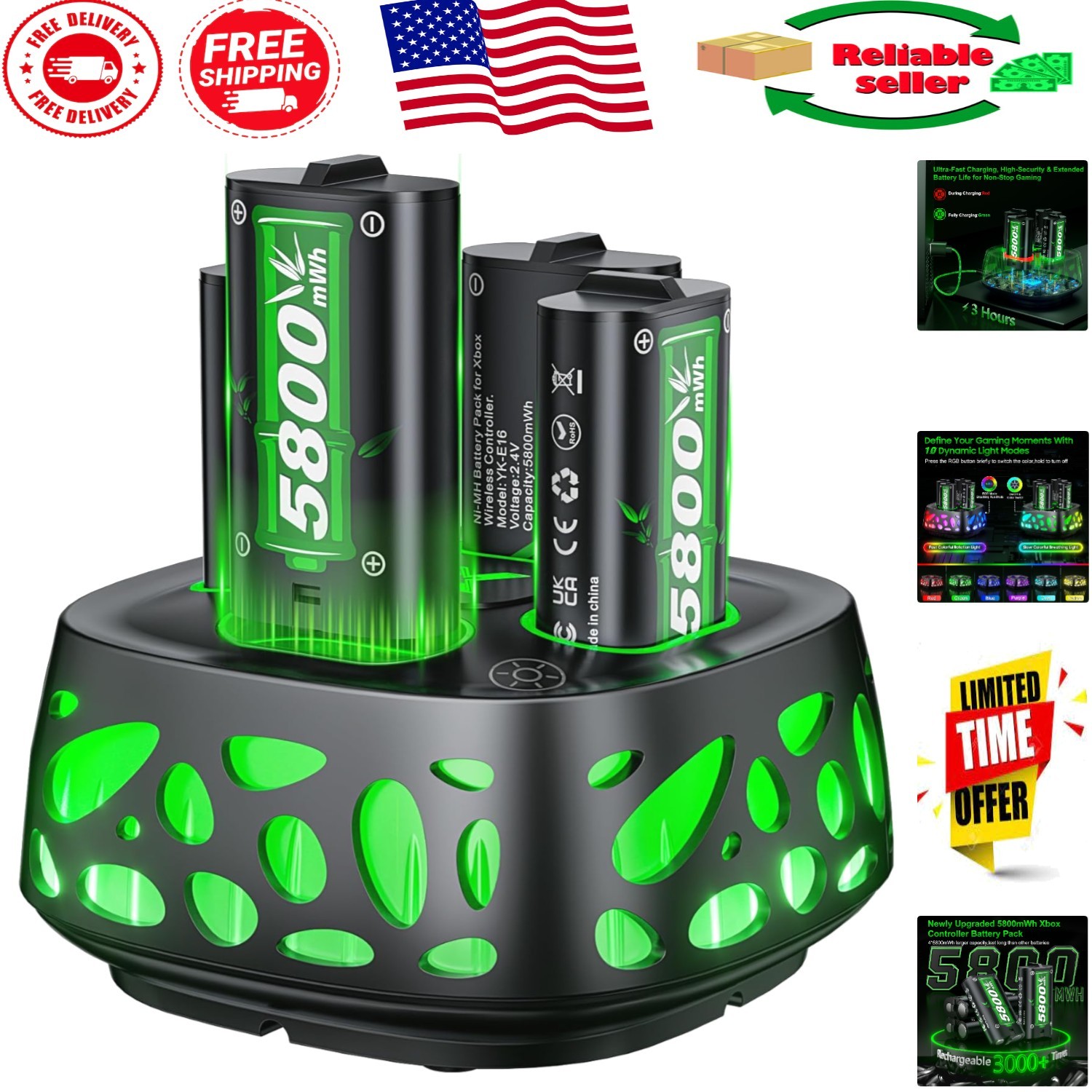 Complete Xbox Charging Station: 4 Batteries with RGB Touch Control & Fast Charge