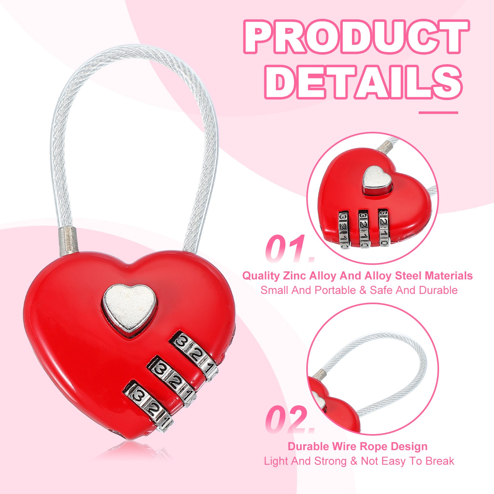 3Pack Heart Padlock Heart Shape Love Lock Combination Lock Locker Locks Red