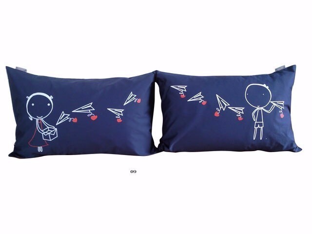 Paper Airplane of Love - Set of Couple Pillowcases (Dark Navy Blue)