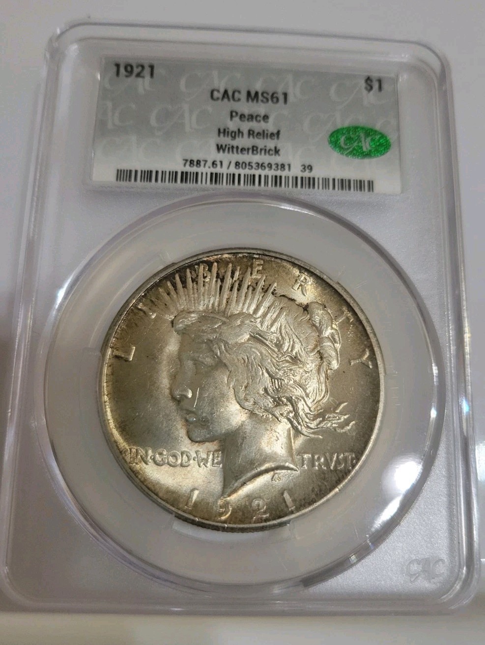 1921 High Relief Peace Dollar CAC MS61 WitterBrick Signed Seth Chandler $1