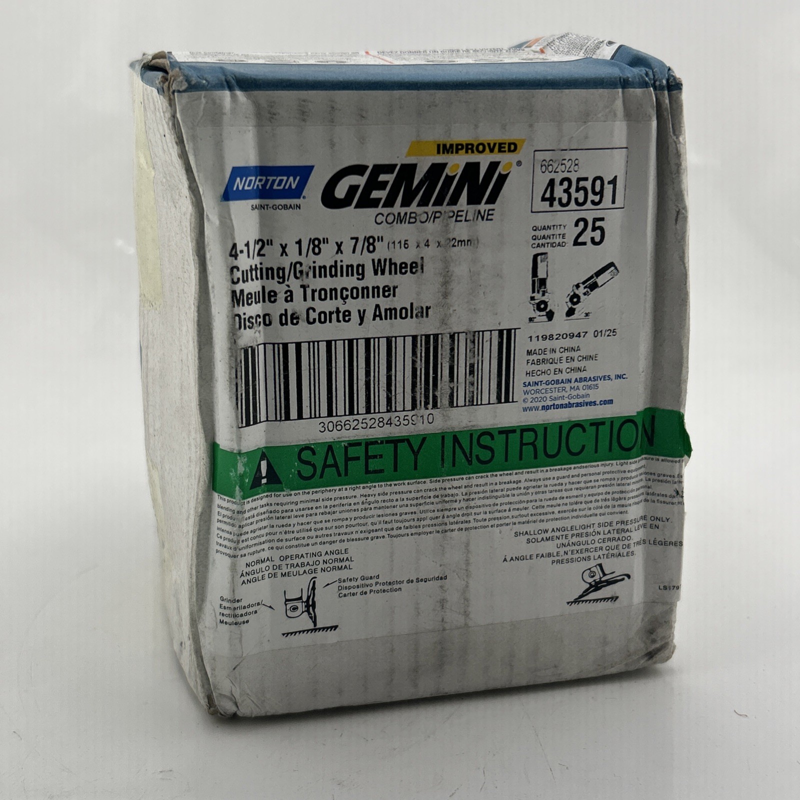 Norton Gemini Grinding Wheel - Type 27 (Qty. 25) 4-1/2"x1/8"x7/8" #43591 DC4518G