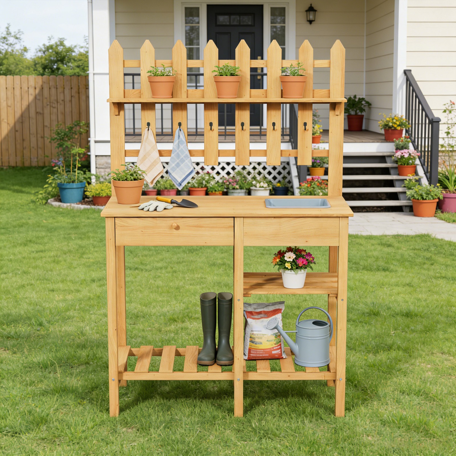 Wooden Potting Bench with Sink and Hooks, Potting Table with Drawer, Yellow