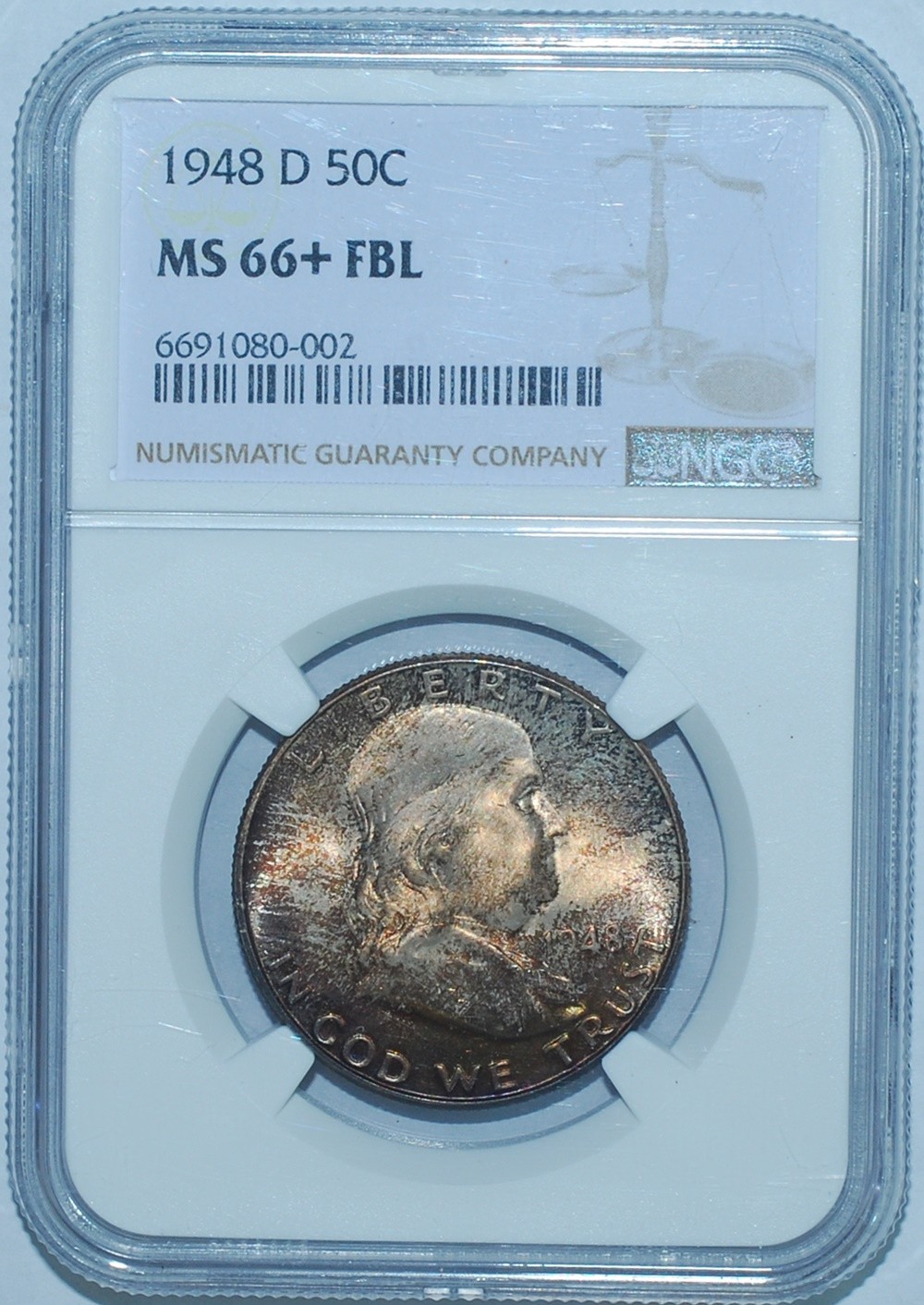 1948 D NGC MS66+FBL Full Bell Lines Franklin Half Dollar