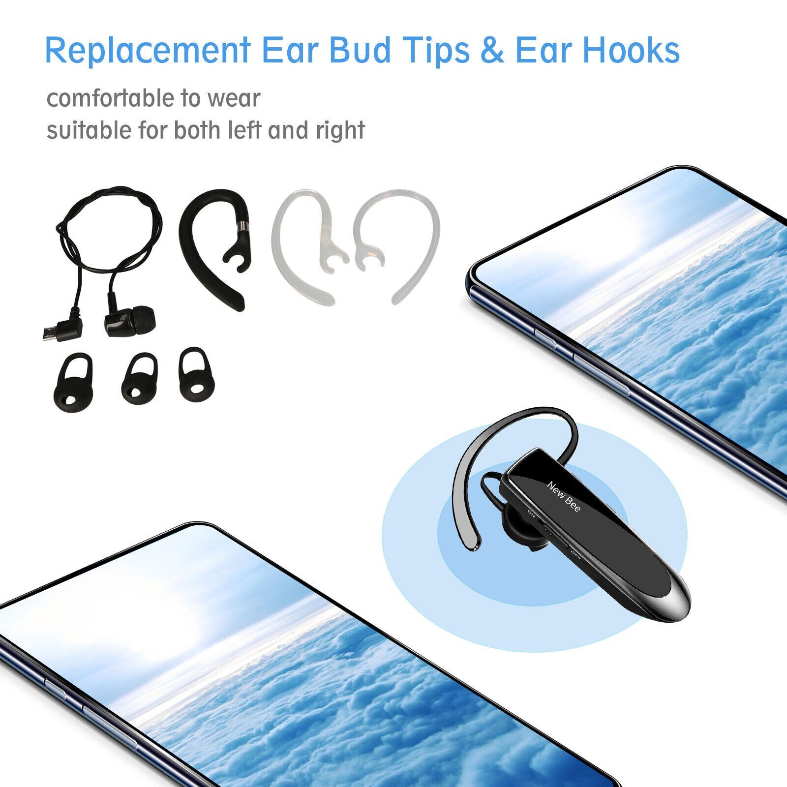 New Bee Bluetooth Wireless Handsfree Headset for iPhone Android Samsung Laptop