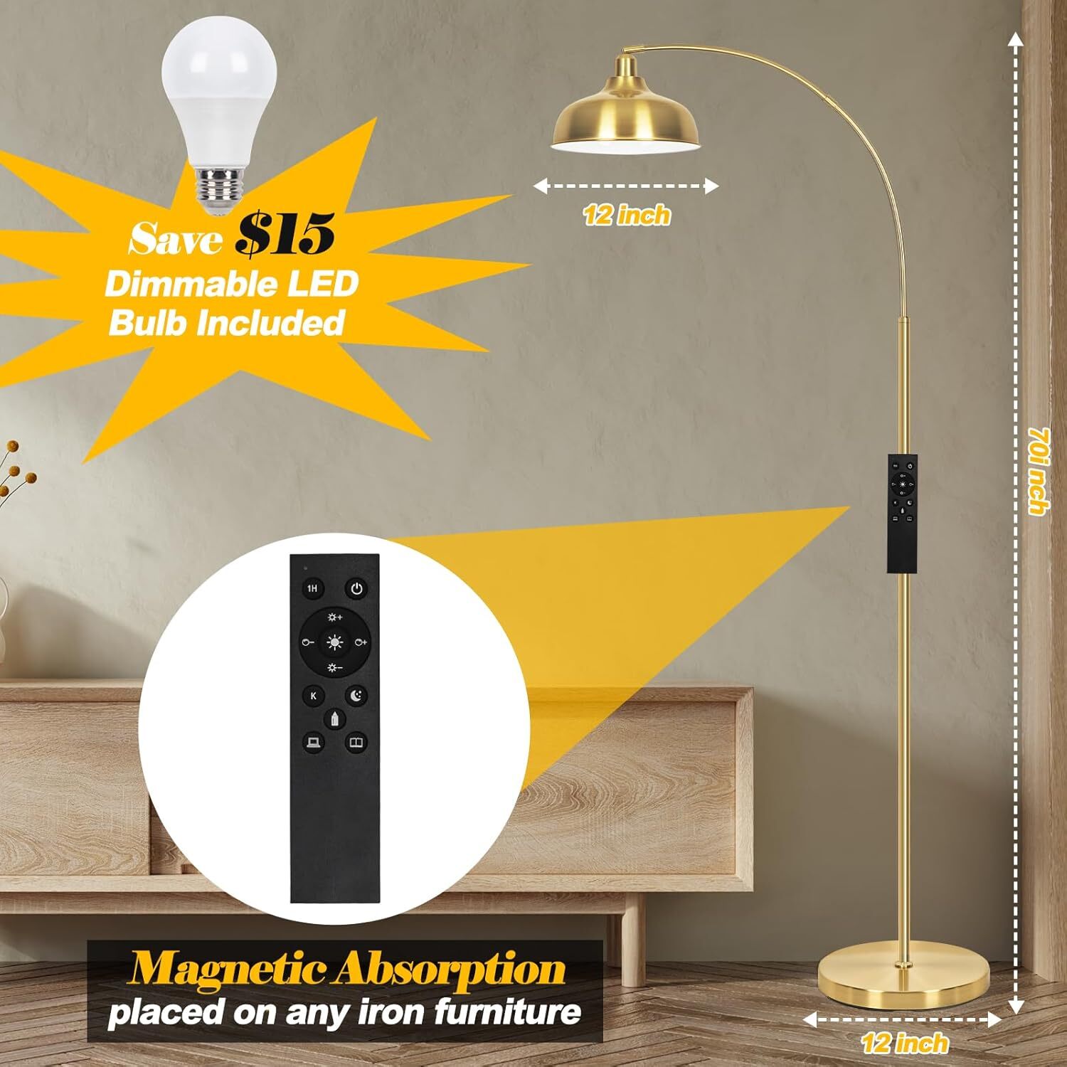 Arc Floor Lamp with 9W Bulb, Remote Control Dimmable Floor Lamp