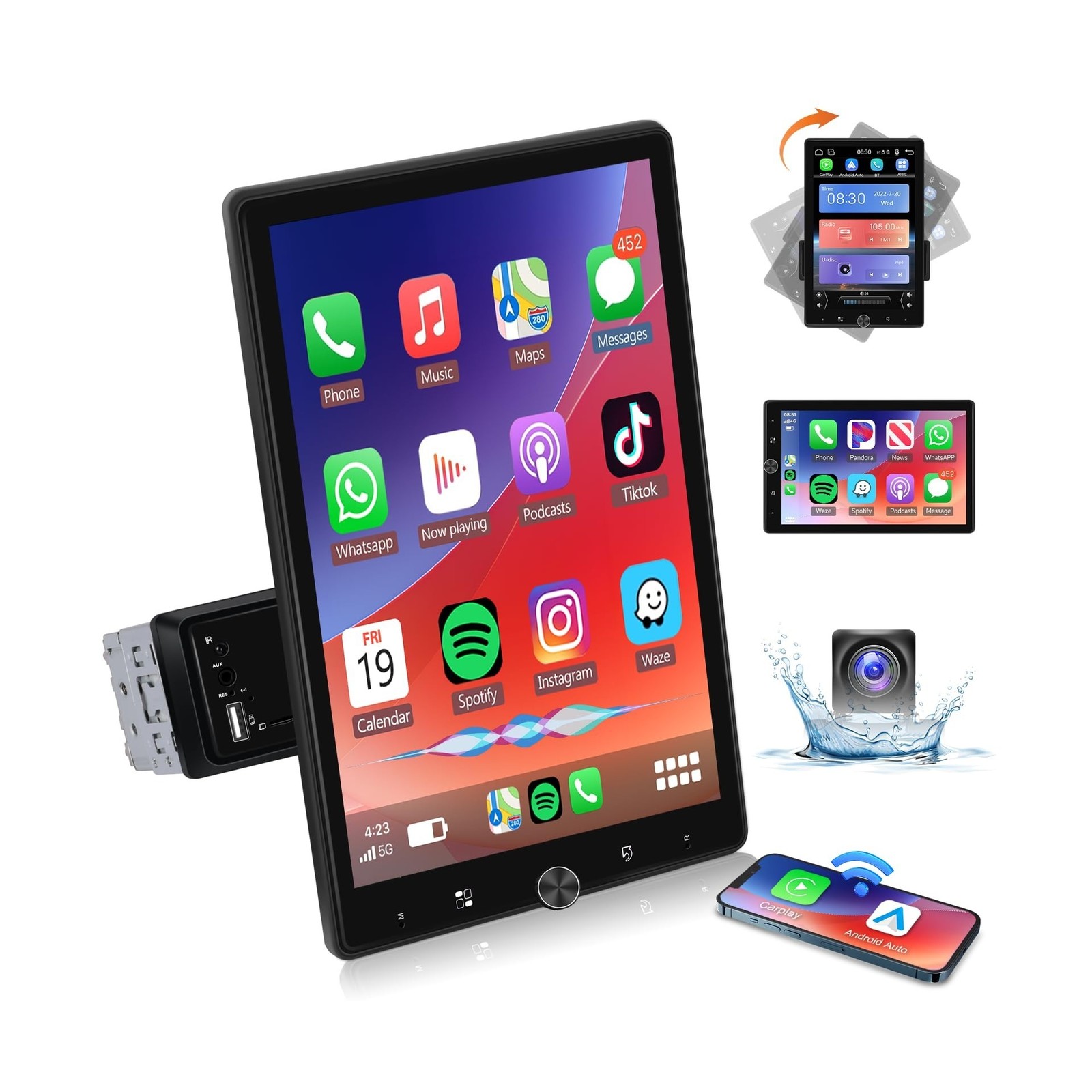 10.4" Single Din Single Din Touchscreen Car Stereo with Wireless Carplay& And...